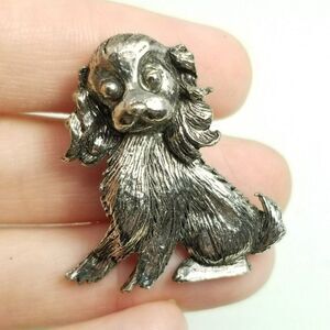 Vintage Puppy Dog Brooch, Silver Tone Cocker Spaniel Style Lapel Pin, Estate